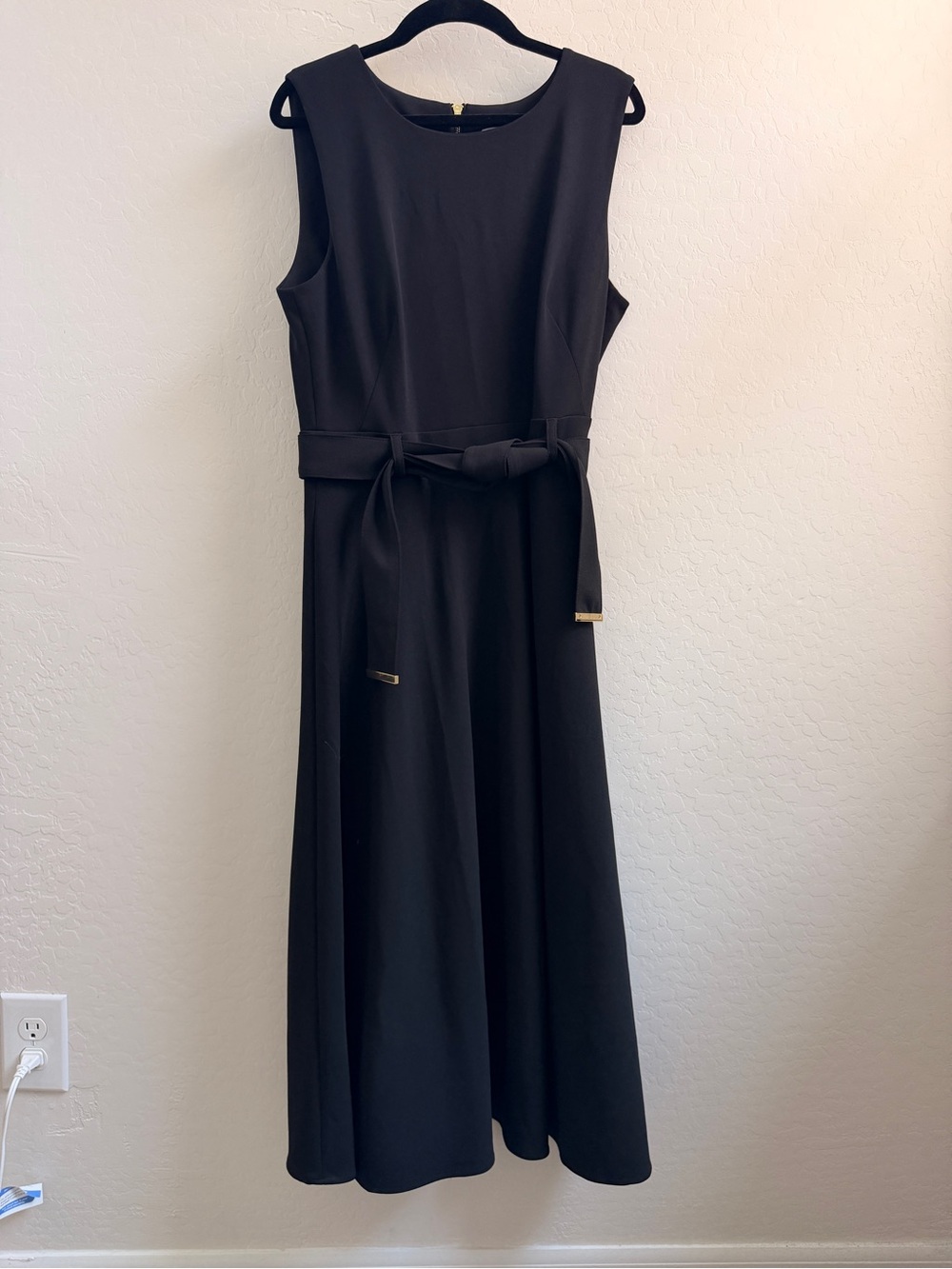 Calvin Klein Black Sleeveless Midi Dress with Waist Tie